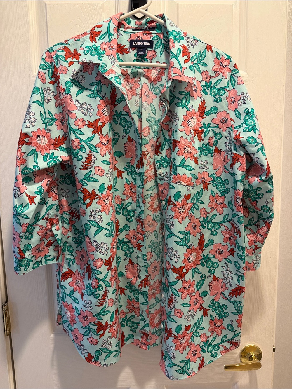 Lands' End Mint Floral 3/4 Sleeve Cotton Blouse Shirtwith Pink & Coral Blooms